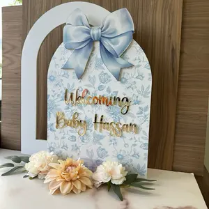 Baby Welcoming Table Backdrop Sign with Blue Bow for Baby Showers Ideal for Boys Floral Print Decor