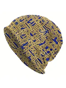 BIIHUDU Egyptian Hieroglyphic Beanie with Lapis Lazuli Golden Ancient Egypt Funky Unisex Hat Suitable for Themed Parties Casual Attire Egyptian Bonnet for Hieroglyphic Design