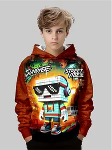Cartoon Robot Print Hoodie for Boys, Fun Style, Anime Theme Scene, Casual Wear, Long Sleeve, Fall & Winter Fashion