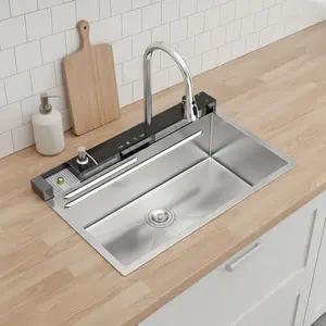 30" Kitchen Sink Waterfall Sink - 30 x 19 x 9 inch Multifunction Single Bowl 16 Gauge Stainless Steel Ledge Workstation Smart Top Mount Kitchen Sinks On-Site WL RR