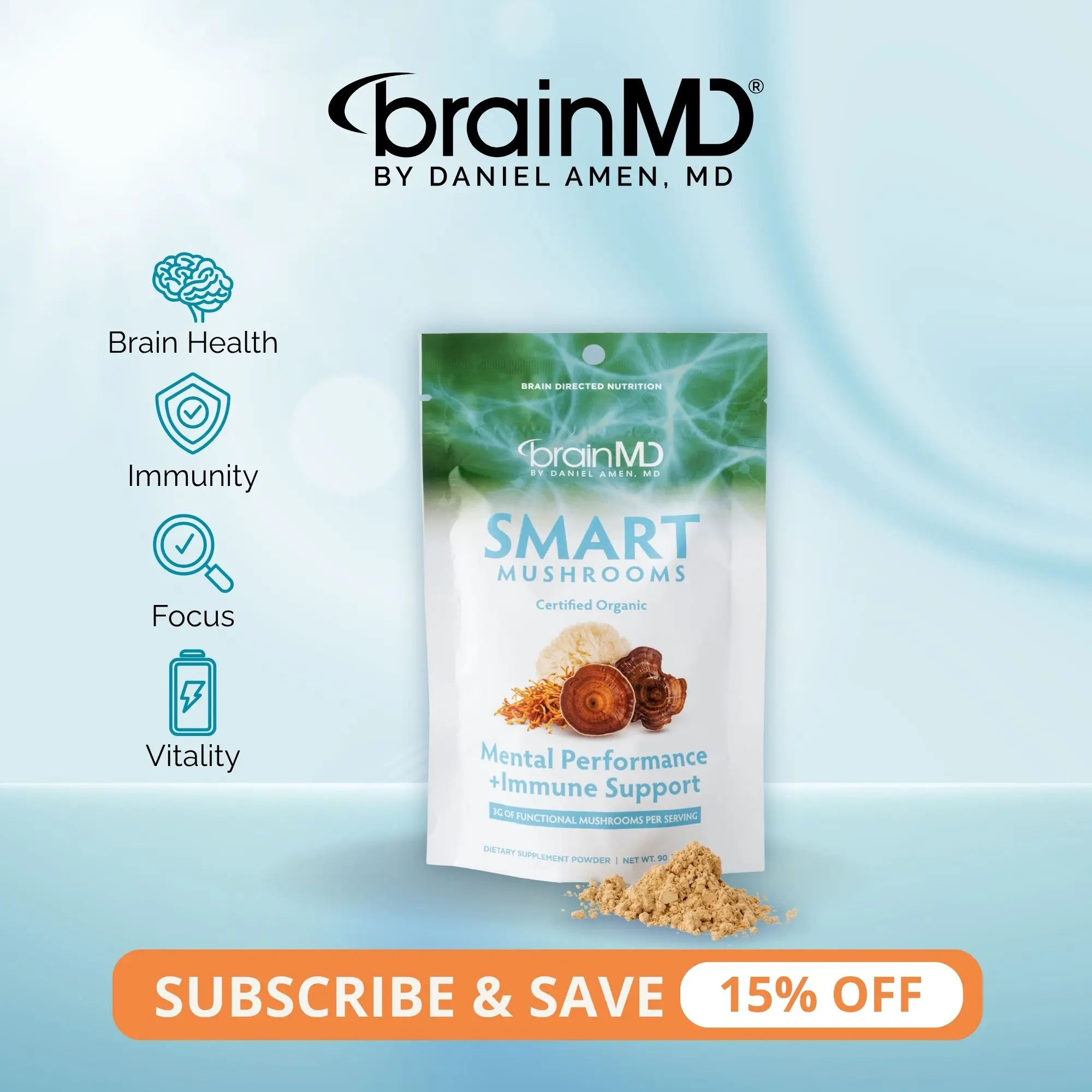 Smart Mushrooms | BrainMD | 30 Servings | Brain Health & Immune Support | Focus, Energy & Stress Resilience | Organic 6-Mushroom Blend with Lion's Mane