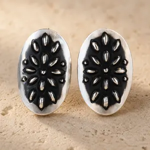 L. Tahe Native Art Oversize Oval Post Stud Earrings - Bold-Look Costume Jewelry with Stamped Detailing