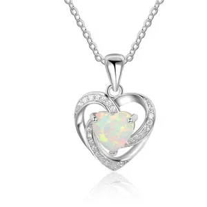 JewelryPalace Heart Love 2.4ct Created Opal 925 Sterling Silver Pendant Necklace for Women No Chain