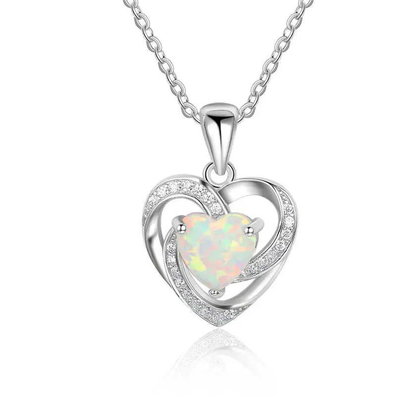 JewelryPalace Heart Love 2.4ct Created Opal 925 Sterling Silver Pendant Necklace for Women No Chain