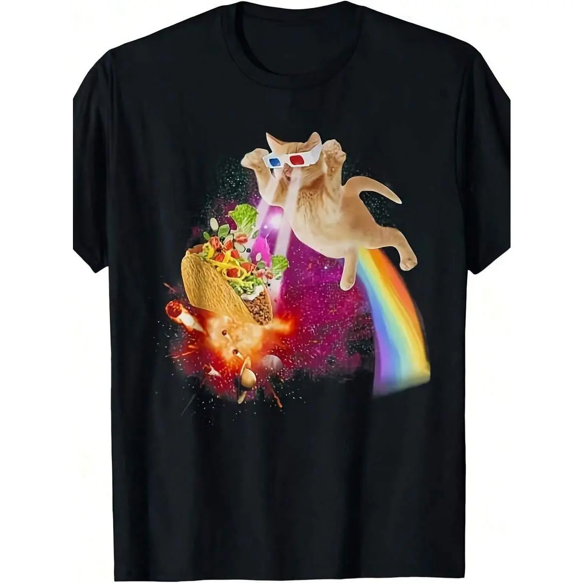 Space Cat Laser Taco Galaxy Kitten Rainbow And Leisure Short Sleeved Shirt, Lightweight And Energetic Top, Breathable And Quick Drying, Front Shoulder Round Neck Design, fathers day gift ideas tiktok shop.........