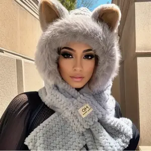 Autumn Winter Fashion Fleece Warm Hat Scarf Set, Thick Cycling Ear Protection Knit Cap, Cute Animal Pattern, Christmas Gift