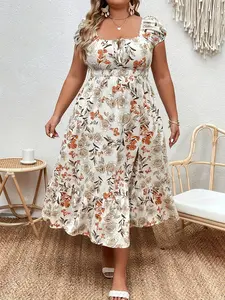 Plus Size Floral Print Split Thigh Tie Front Dress, Boho Puff Sleeve Square Neck A Line Dress for Summer, Women's Clothes for Beach Holiday Vacation