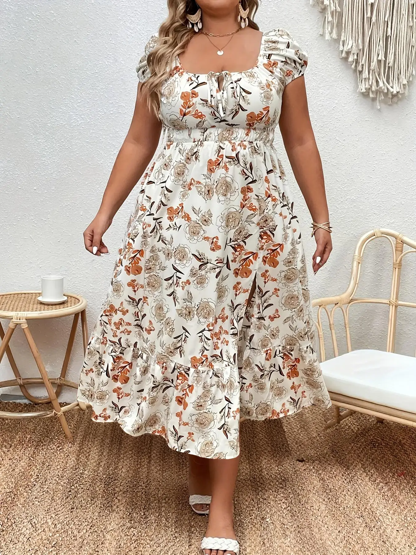 Plus Size Floral Print Split Thigh Tie Front Dress, Boho Puff Sleeve Square Neck A Line Dress for Summer, Women's Clothes for Beach Holiday Vacation