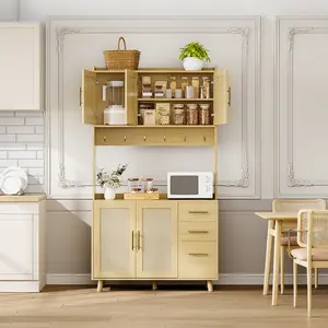 71" Tall Kitchen Pantry Cabinet, Freestanding Rattan Hutch with Microwave Stand, 3 Drawers & 6 Hooks, Kitchen Pantry Cabinet for Dining Room & Kitchen Organization-Natural