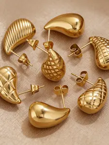Niche Textured Water Drop Stud Earrings, Stainless Steel with Gold Plating, Trendy Jewelry. 5 styles available: Hammered, Quilted, Pineapple, Smooth, and Dot. Fade-resistant and versatile for all styles.