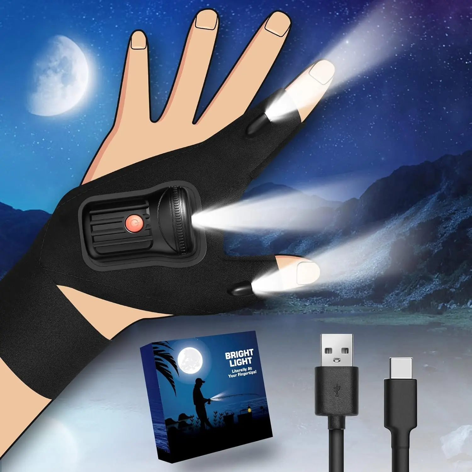 Flashlight Gloves for Men Rechargeable (1 Pair) Stocking Stuffers for Men Dad Him Husband Teen Boys, Christmas Birthday Gifts Cool Gadgets Led Gloves for Fishing Camping Repairing