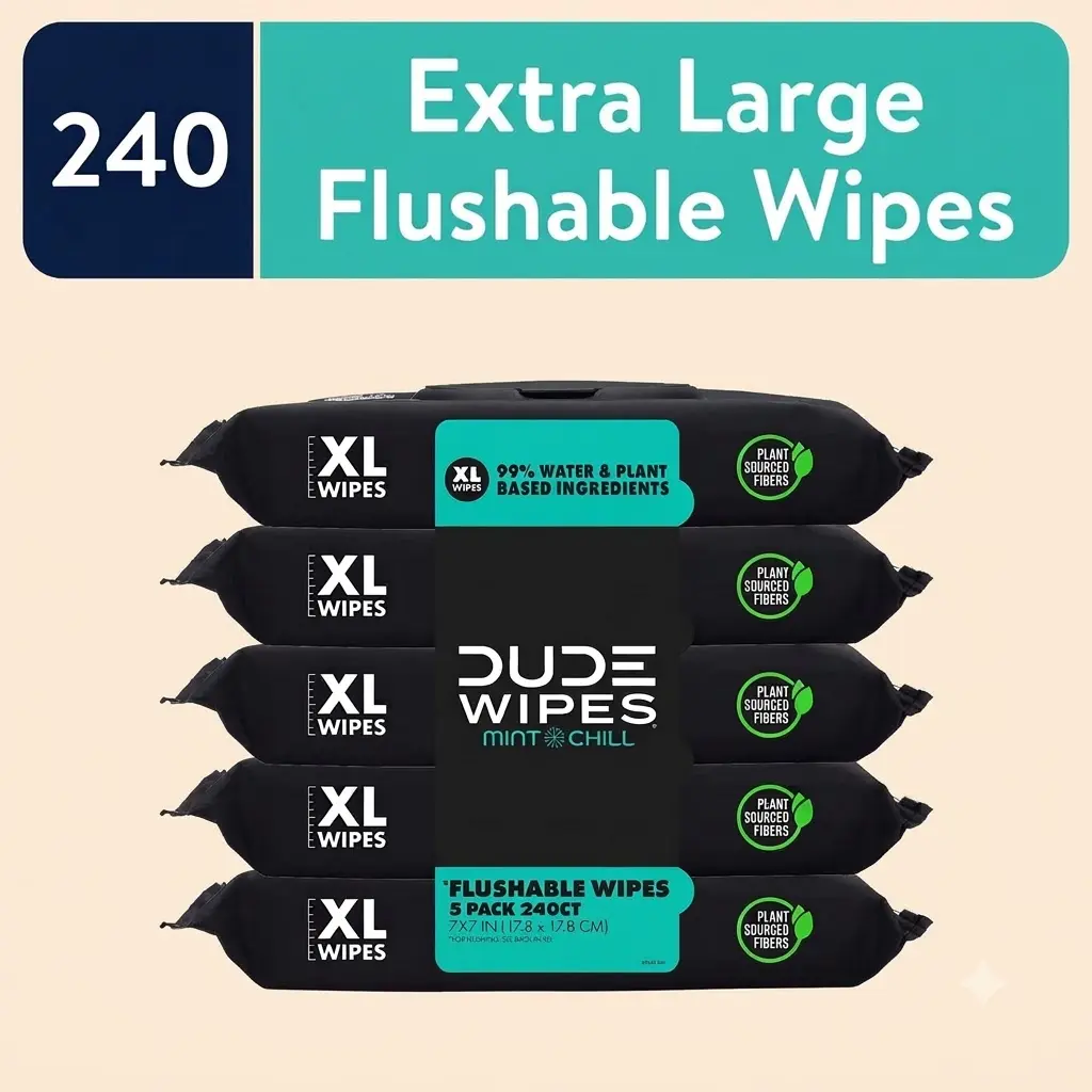 DUDE Flushable Wipes Extra Large Mint Chill Wet Wipes 48 Count 5 Pack 240 Total Plant Based Unscented Butt Wipes