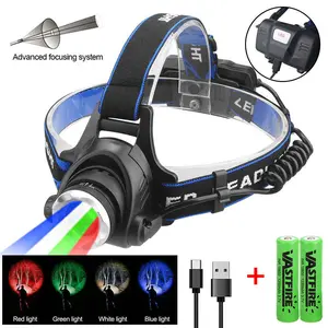 RGBW LED Headlamp, 4-color zoom headlamp for night observation, camping, hiking, hunting, with red, green, blue and white light, adjustable focus, waterproof