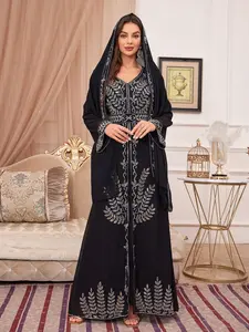 Arabian Middle East Women's V-Neck Long Sleeve Hijab Dress Set, Elegant Loose-Fitting, Contrast Sequin Design, Perfect for Casual Wear