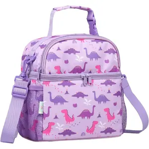 X-LBK07 Lunch Box Bag for Kids, Insulated Double Compartments Cooler Lunch Tote for Toddlers Girls School/Daycare/Picnic Lilac Dinos