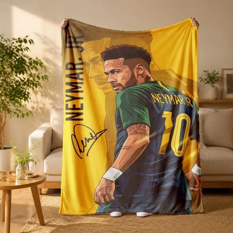 Neymar Jr. Brazil National Team No.10 Signature Print Flannel Blanket - Suitable for All Seasons, Soft, Lightweight and Breathable, for Bedroom, Seasonal and Holiday Decorations - Perfect for Beds, Sofas, Offices, Camping and Travel