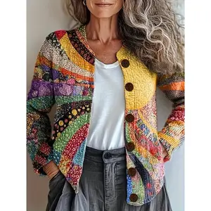 Bguanshop Women’s Geometric Print Cardigan – Fashionable button-front cardigan with an all-over pattern; soft round neck, lightweight all-season layering piece suitable for both casual and formal outfits; cardigan sweater with detailed craftsmanship