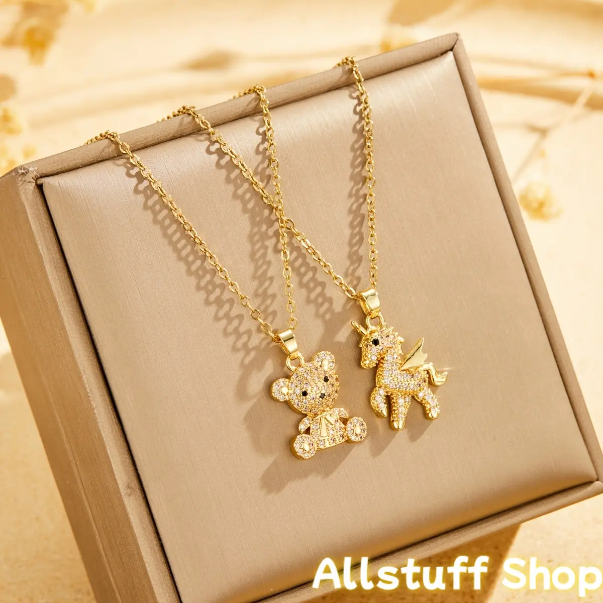 1pc Dainty Gold Tone Trendy Necklace - 304 Stainless Steel Chain, Copper Pendant with Rhinestone Teddy Bear & Unicorn Decor, Cubic Zirconia Accent, Ideal Teen Girl Gift for Daily Wear & Parties, Dainty Necklace, Gold Tone Necklace