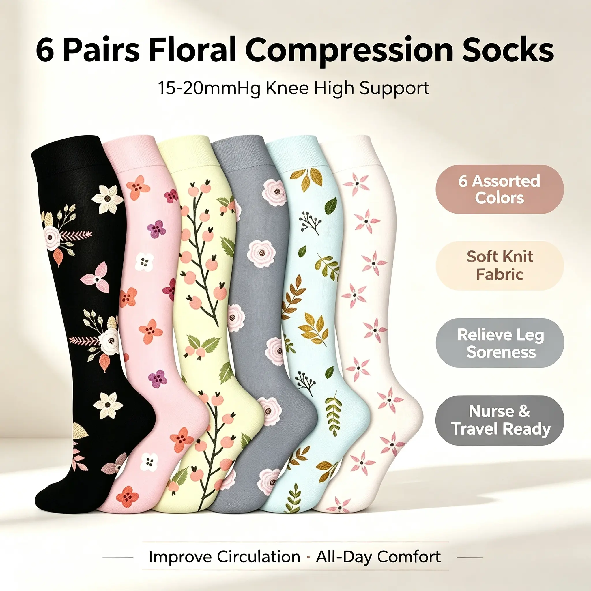 Women’s Pastel Floral Print Knee High Compression Socks, 6 Pairs 15-20mmHg Graduated Support Stockings, Soft Elastic Knit Socks, Improve Blood Circulation, Relieve Leg Fatigue & Soreness, Perfect for Nurses, Airplane Long Trips & Daily Wear