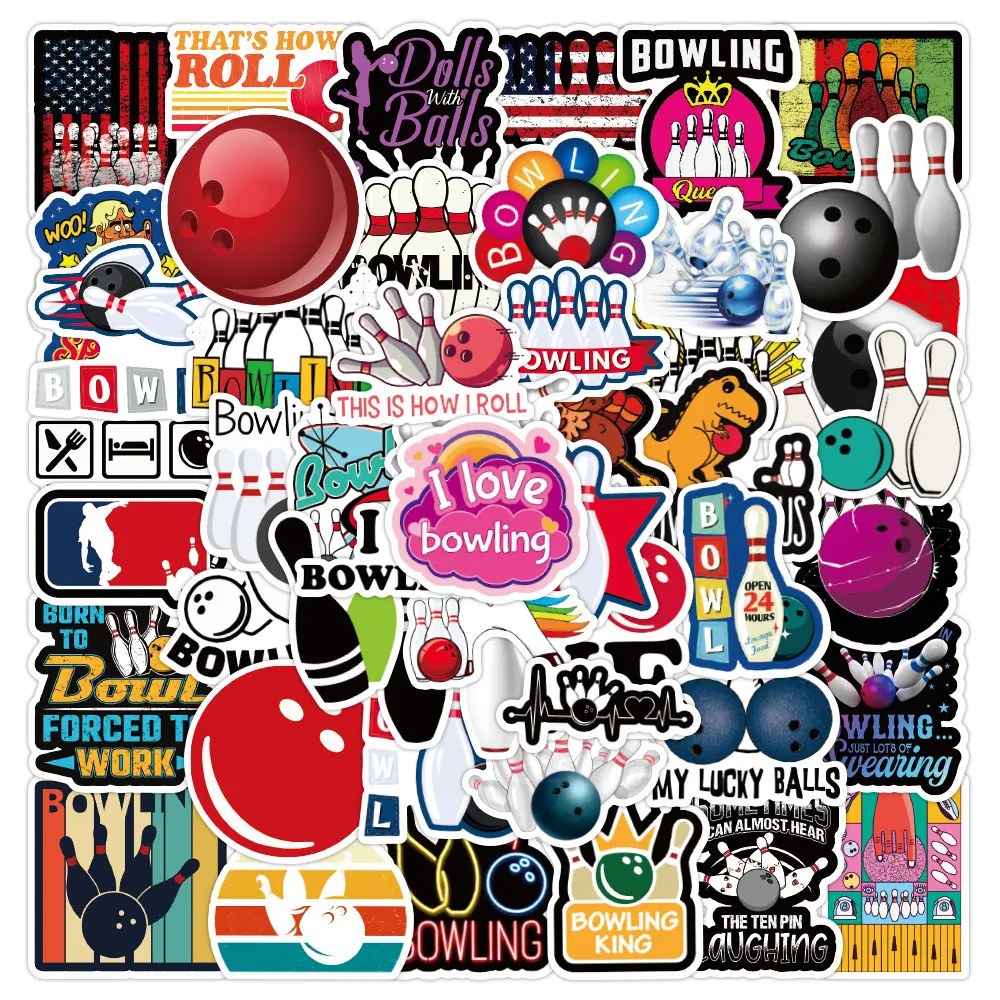 50 Pack of Bowling, Sports Sticker Set - No Duplicates - Waterproof - Great for Christmas