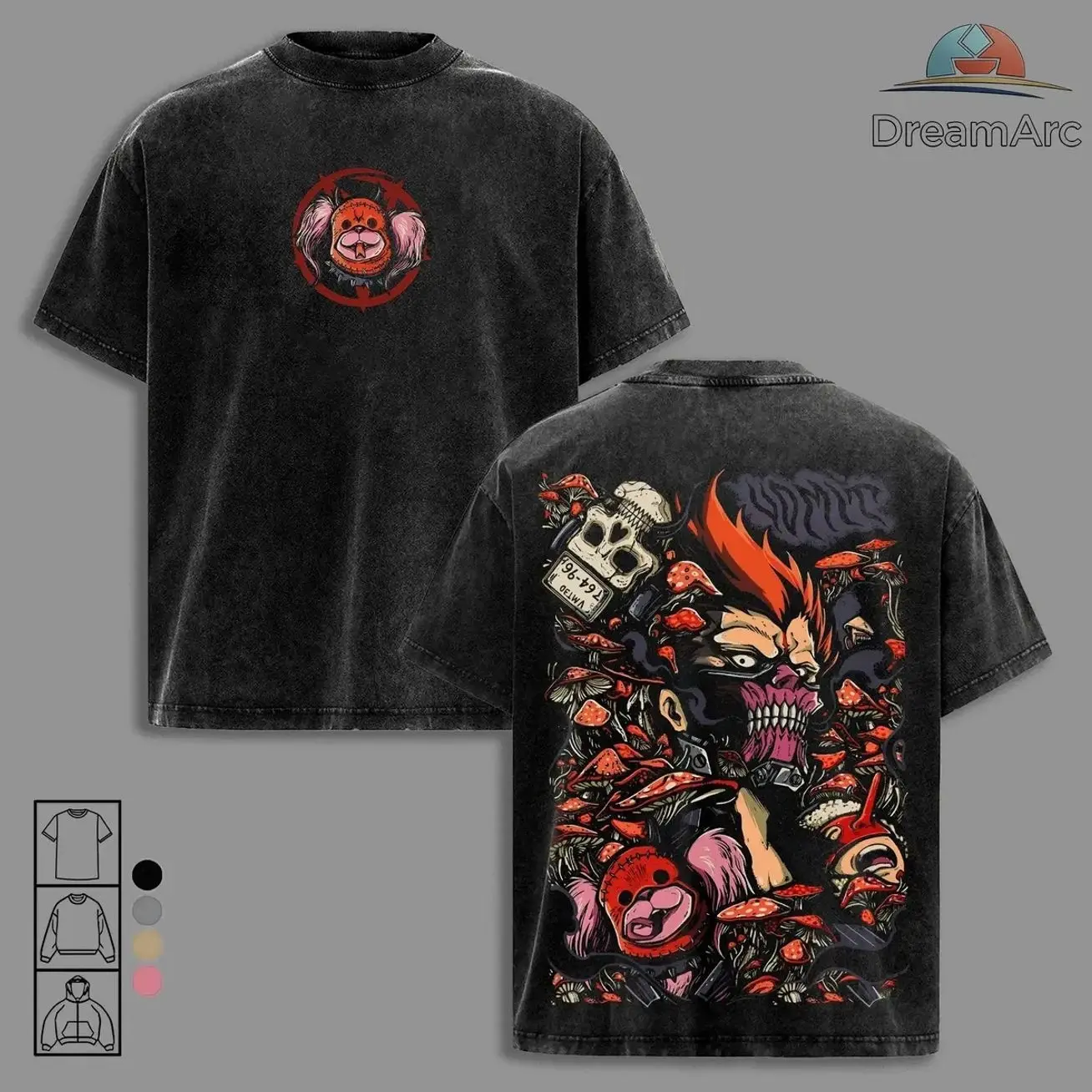 En Family Dorohedoro Vintage Washed Oversized Anime T-Shirt, Sweatshirt, Hoodie – Kikurage Ebisu Manga Graphic Tee, Dark Fantasy Japanese Streetwear, Hole Sorcerer Aesthetic Unisex Vintage Graphic Shirt P28