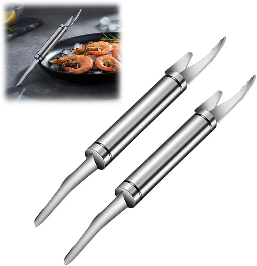 2-Piece 5-in-1 Multifunctional Stainless Steel Kitchen Tool Set - Shrimp Deveiner, Peeler, Fish Scale Remover, Fish Maw Knife, Oyster Shucker
