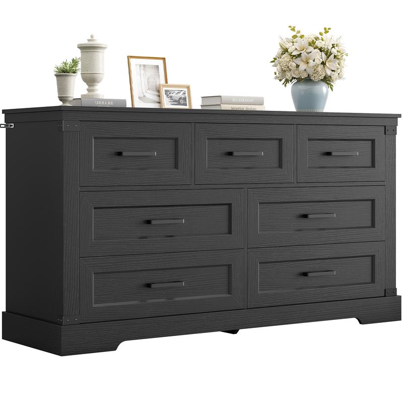 Hasuit Black Dresser for Bedroom, Wooden 55.1" Long Dressers Chest of Drawer, Farmhouse 7 Drawer Dresser with Thick Styling, Large Capacity Storage Cabinet Organizer, Wide Dressers for Bedroom Hallway