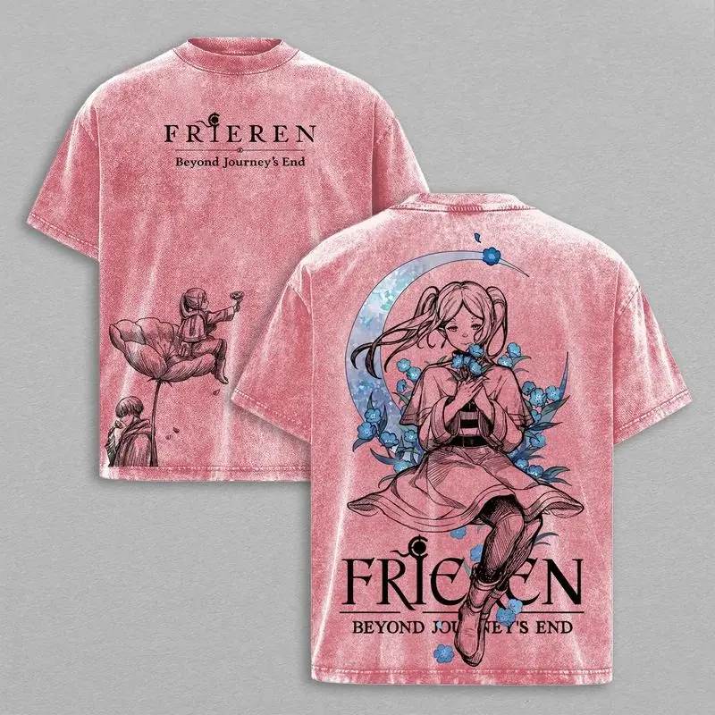 Men's Frieren Beyond Journey’s End Oversized Vintage Washed Heavy Cotton Tshirt - Soft, Simple Short-Sleeve Unisex Graphic Top, Fantasy Healing Journey Japanese Anime Manga Merch Casual Menswear, Shortsleeve, Men's T Shirts, Round Neck, Men's Clothing