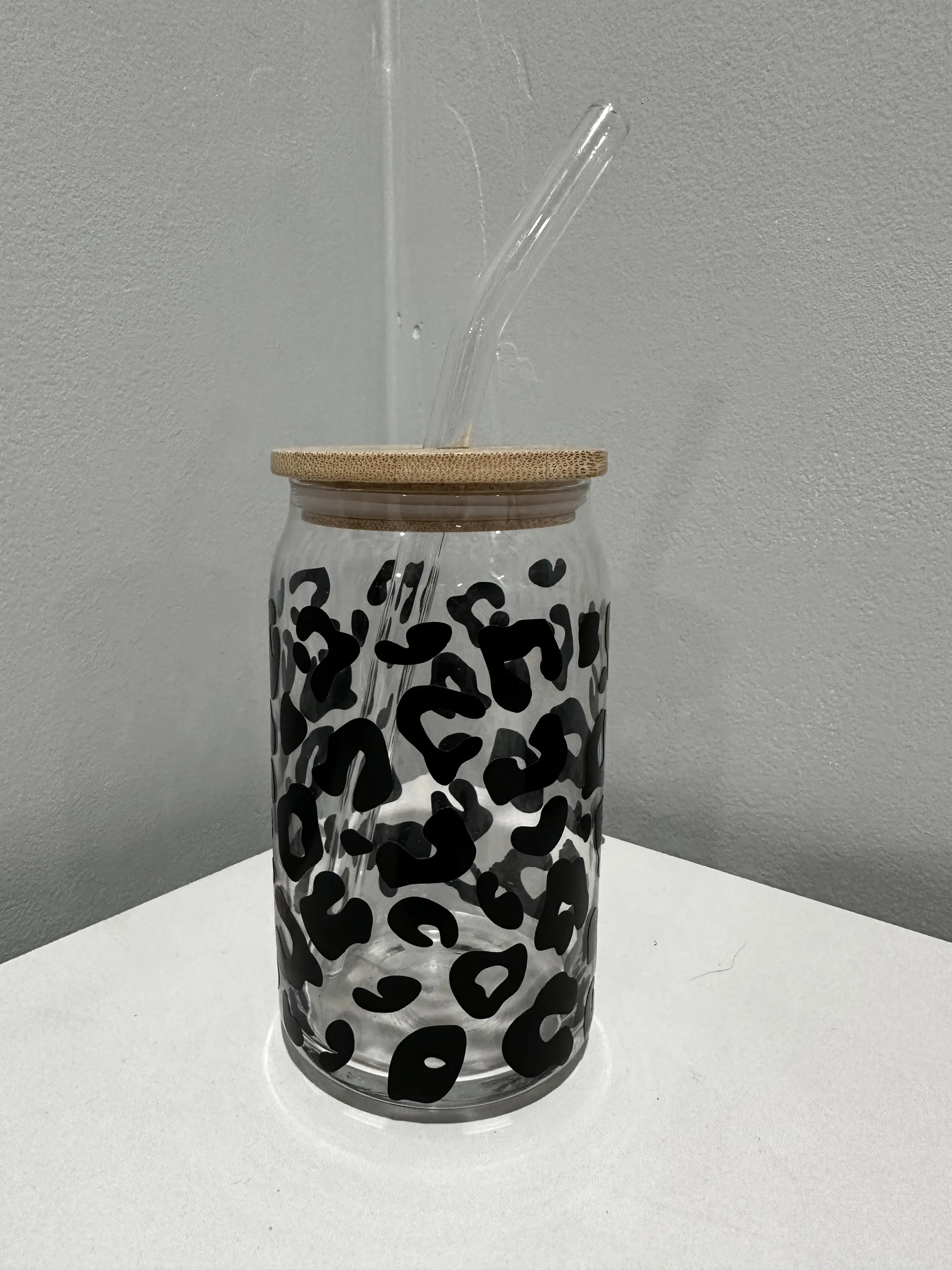 Cheetah Print Glass Can Tumbler with Lid and Straw