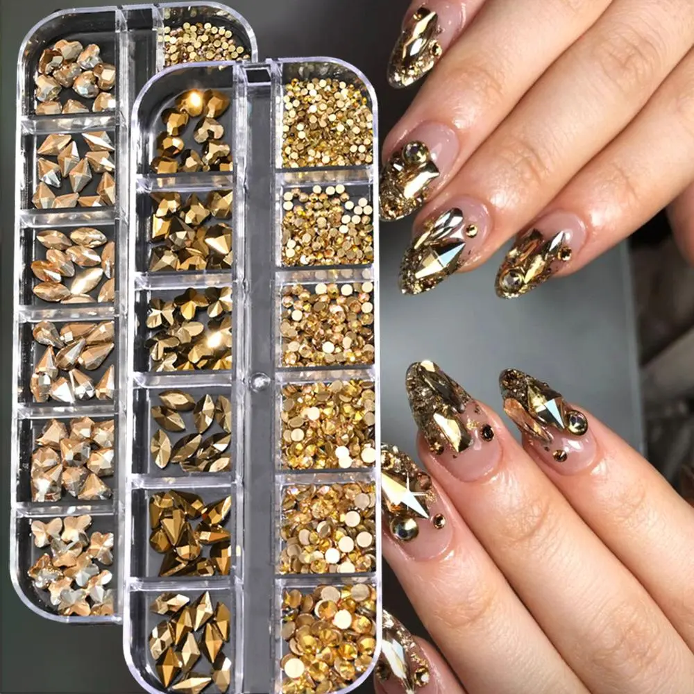 720/1000Pcs Gold/Champagne Nail Diamond Rhinestone Mixed Sized 2-6mm Shiny Flatback Glass Crystal Gems -fix Nail Art Jewelry