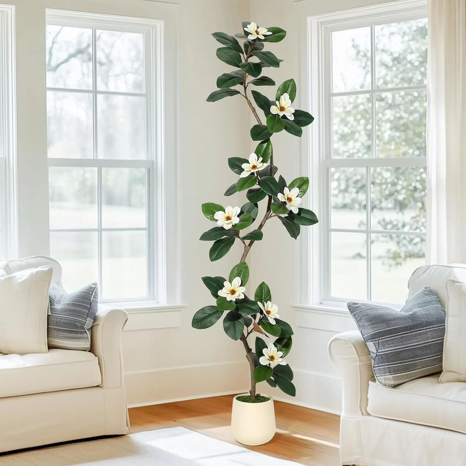 7FT Tall Slender Faux Rubber Tree with Leaf Pattern, 8 Magnolia Flowers, Decorative Moss in White Planter Pot – Indoor Home Decor Accent