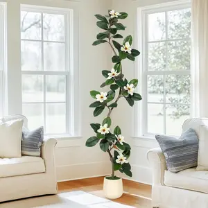 7FT Artificial Rubber Tree with 8 Magnolia Flowers, Decorative Fruit, Artificial Faux Greenery, Moss, Adjustable Wire, Included Pot, Indoor Floor Faux Plant for Home Decor