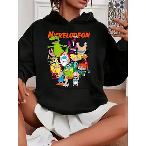 Women's Nickelodeon Character Print Fleece-Lined Hoodie - Casual & Sporty Black Pullover with Kangaroo Pocket, Machine Washable, Oversized Hoodie