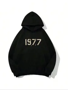 Men's 1977 Number Print Drawstring Pocket Thermal Lined Hoodie, Regular Fit Casual Long Sleeve Hooded Sweatshirt for Fall & Winter, Men's Top for Daily Wear