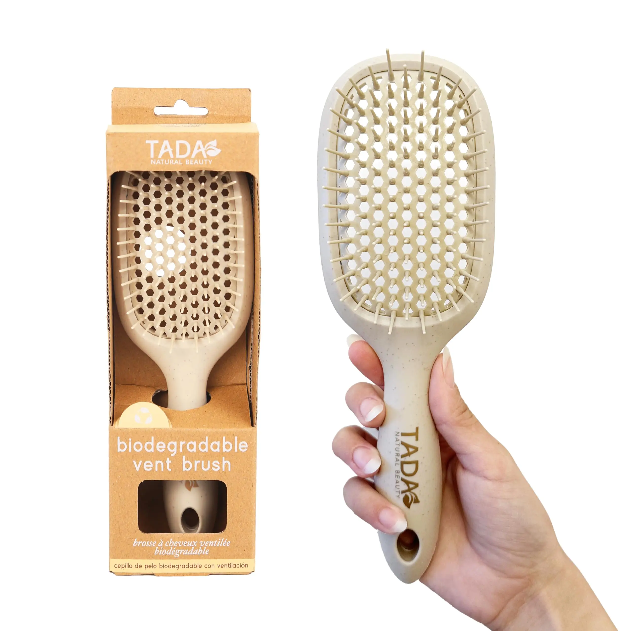 TADA Natural Beauty Vent Detangler Brush for Thick, Curly, Wavy, Thin & Dry Locks - Female, Male Use, Travel Size, Hair Growth-Supporting (Beige), Eco Friendly, Biodegradable, Wheat Straw, Damaged, Anti-Frizz, None