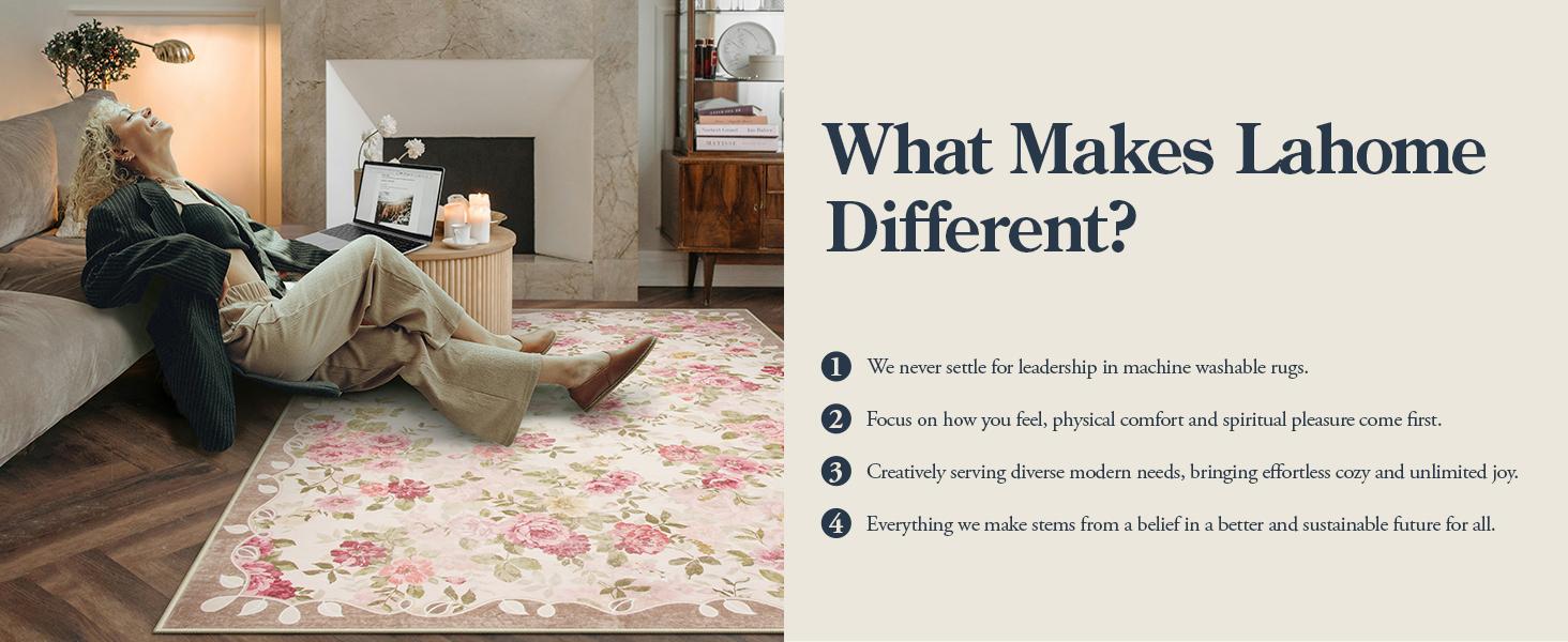 Lahome Floral Area Rug Non-Slip Boho Vintage Under Bed Rugs for Living Room, Stain Resistance, Ultra-Thin Design for Office Dining Room