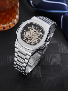 Hollow mechanical watch trend octagonal case stainless steel strap, transparent movement, personalized and fashionable men's watch, fashionable men's jewelry gift, Stainless Steel Watches