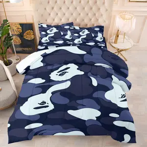 Military-Inspired Navy Blue Camo Ape Head Comforter Set - Durable Material Comfy Bed Sets, 1 Quilt + 1/2 Pillowcases, 3D Printed Streetwear Bedding for Bedroom Decor Gift, Available in Multiple Sizes