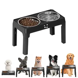 Foldable elevated pet bowl, with 2 stainless steel bowls, adjustable to 5 heights at any time, suitable for large, medium and small dogs and cats, black/white/pink/grey.
