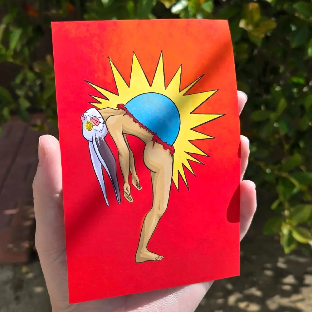 4x6 Art Print Rabbit Head Earth Mother Fertility Surrealist Art Red Background Yellow Sunburst Design