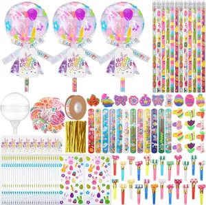 24 Sets Easter Party Favors Gift Bulk, DIY Giant Lollipop Clear Containers with Tags Ribbon Cellophane Pencils Erasers Stamps Stickers Slap Bracelets Rings Whistles, Shaped Stationery Set Classroom Exchange Supplies Teachers Prizes Rewards for Students