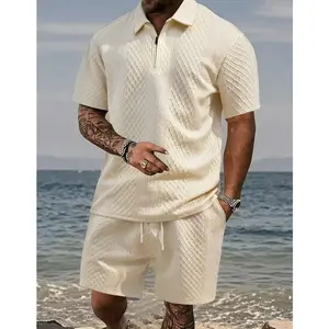New summer solid color summer casual fashion two-piece men's lapel half-open zipper short-sleeved shorts skin-friendly Joker men's suit men.