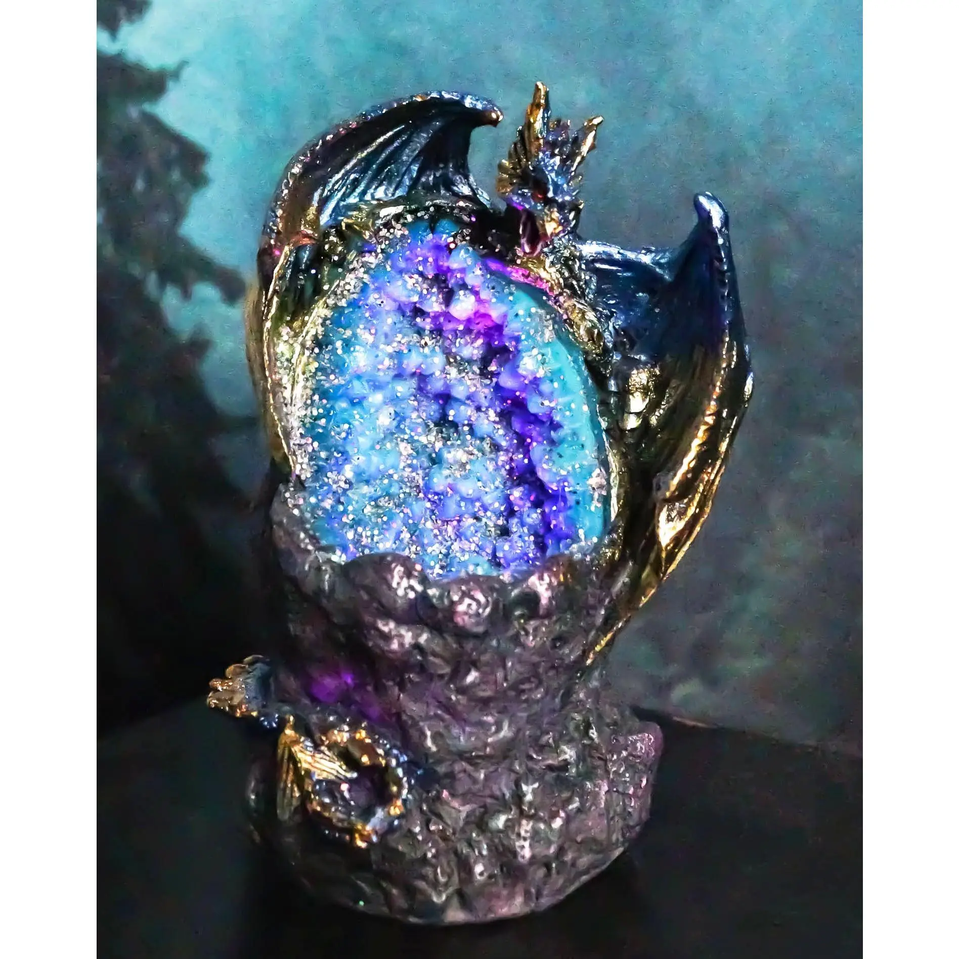 Blue Ice Dragon 3D Decor Figurine, Metallic Color-Changing LED, 3" Wide 4.5" Tall Quartz Faux Geode Rock Crystal Cove Home Decor Statue