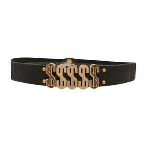 New Women Black Elastic Skinny Waistband Fashion Belt Gold Metal Dollar Sign $$$$$ Charms Fit Sizes S M