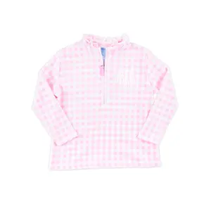 Pink Gingham Half Zip Pullover - Girls Lightweight Soft Knit Outerwear
