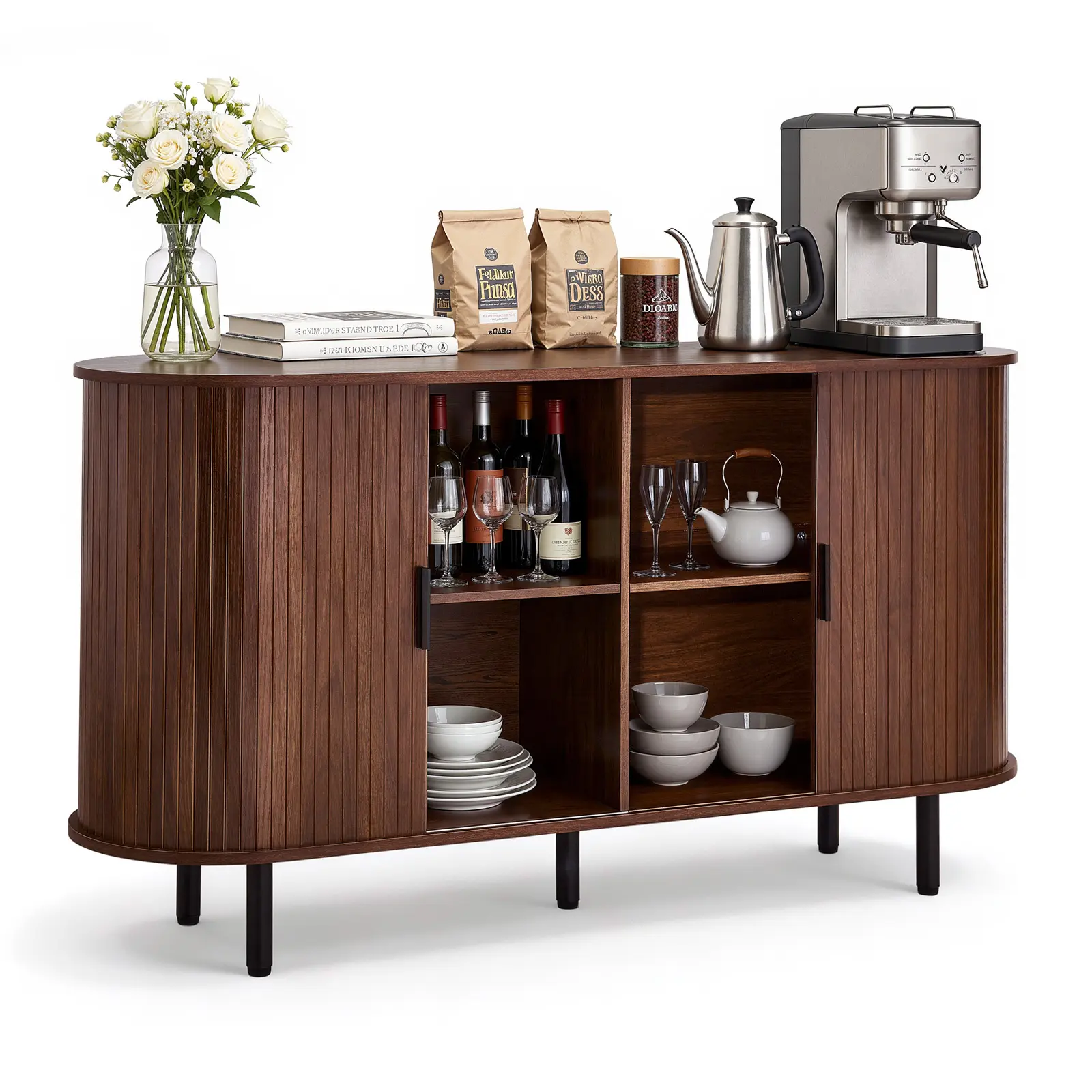 VEVOR Adjustable Walnut Mid-Century Fluted Wood Cabinet - Buffet Cupboards Sideboard with 2 Sliding Doors, Storage & Coffee Bar Station (55.1x15.7x29.5in) for Living Room, Father's Day Gift, Fluted Cabinet Wood