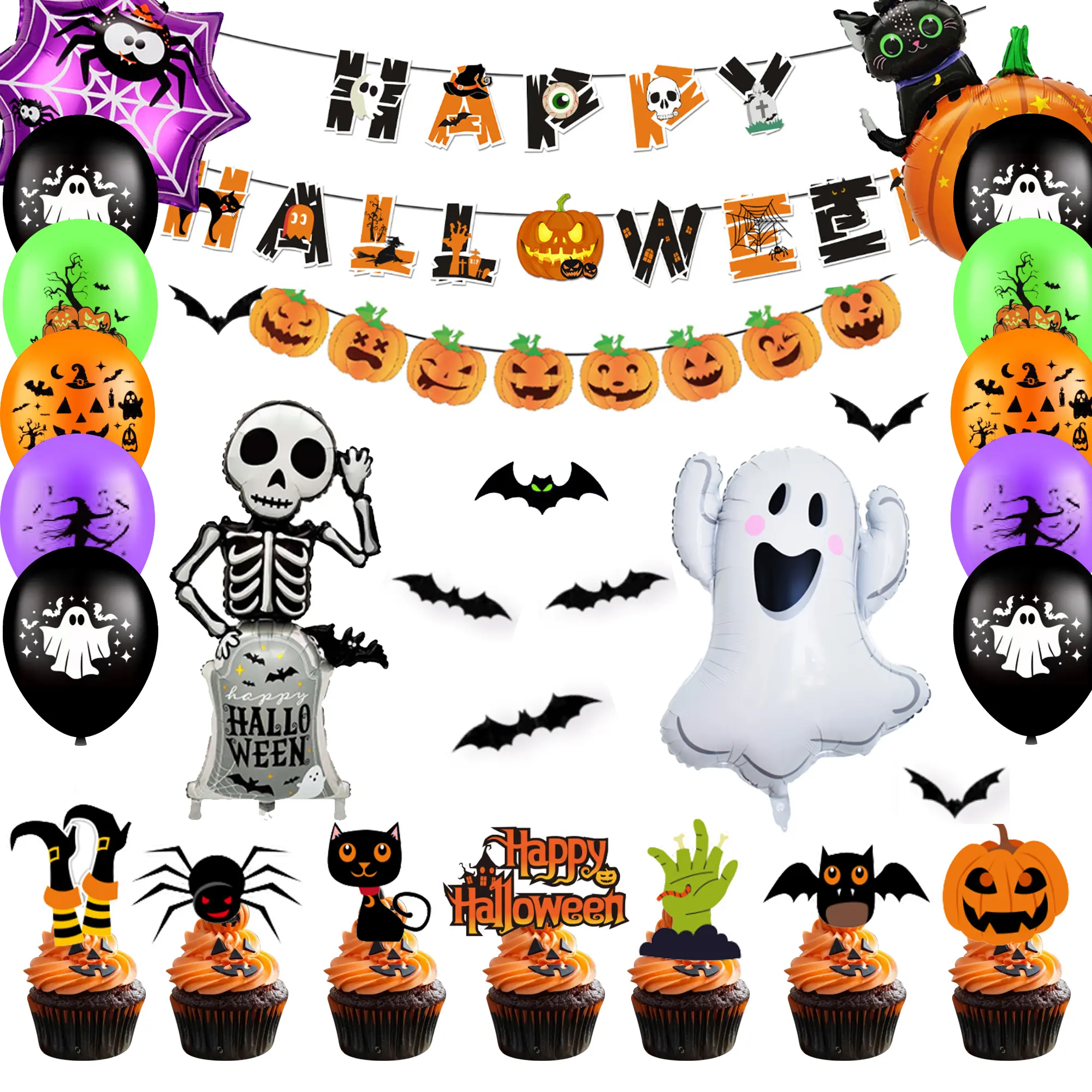Halloween Party Decoration, 55cs Halloween Decoration Set - Happy Halloween Banner Balloons Cake Decorations & Halloween Bat Decorations etc