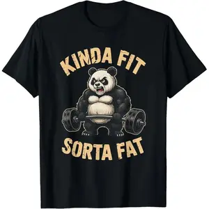 🐼 Kinda Fit Sorta Fat Funny Gym Panda Weightlifting T-Shirt – Cotton Printed Street-Style Tee for Men and Women, Casual Fitness Shirt with Hilarious Panda Graphic, Trendy Workout Apparel, Comfortable & Breathable Top, Unisex Humor T-Shirt💪🐼
