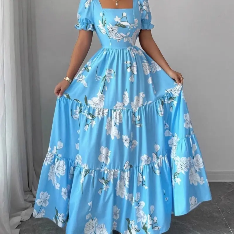 Women's Elegant Floral Print Maxi Dress, Casual Summer Gown with Square Neck and Puffy Sleeves for Party Wear, Flower