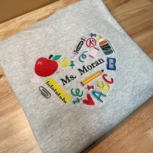 Personalized Teacher Embroidered Sweatshirt with Heart-Shaped School Supplies Design & Custom Name - Perfect Gift for Educators